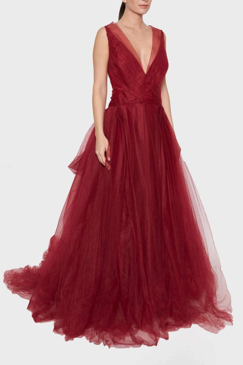 zac posen burgundy dress Sleeveless Tulle Gown | Size:5-PIECE (KBED, DRESSER, MIRROR, NIGHTSTAND , CHEST) Fantasy Fashion Back hook and zip Men's Black Cap Toe