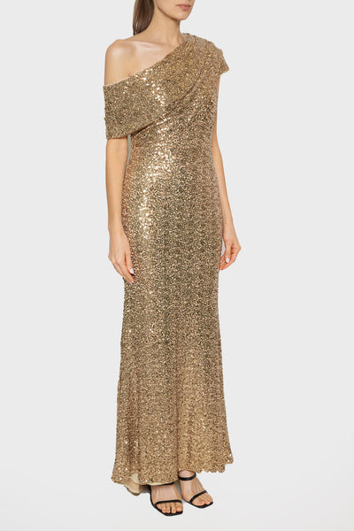 badgley mischka one shoulder sequin dress Mark & James Badgley Mischka One Shoulder Gold Sequin Dress L