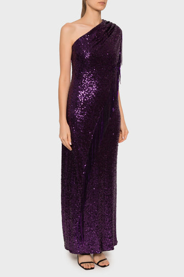badgley mischka fringed sequin one-shoulder dress Badgley Mischka Fringed Sequin One-Shoulder Dress