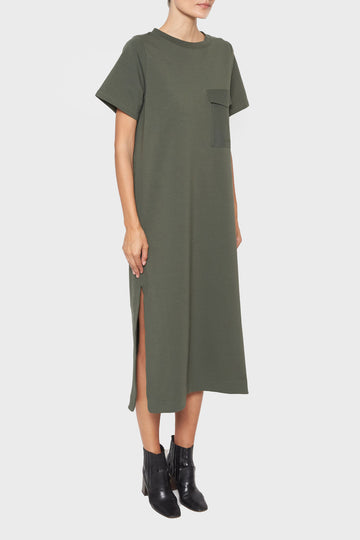 midi textured dress Yvonne Textured Flutter Sleeve Tiered Midi Dress w/ Drawstring