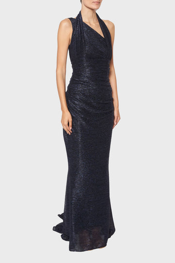 Halter Neck Midnight Pleated Dress